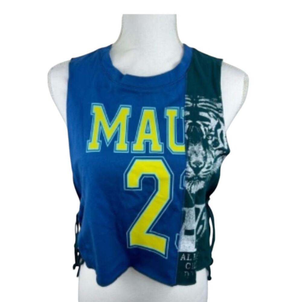 Malibu 2 Graphic Crop Top Blue Tiger Lace Up Sides Sleeveless Streetwear Medium